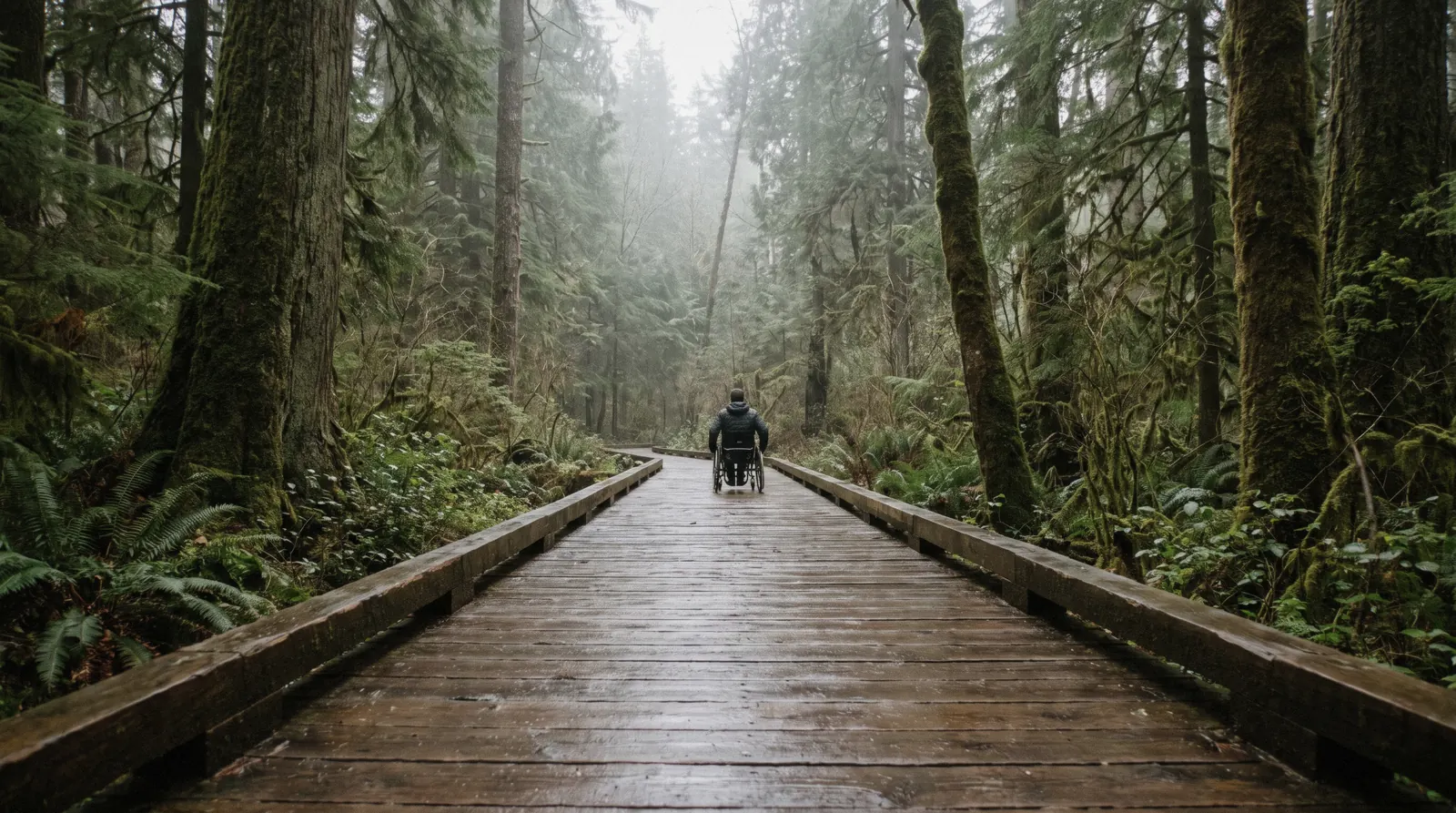 A wheelchair user on the paved waterfront path with the harbour and the North Shore mountains behind, wheelchair accessible Vancouver on the seawall