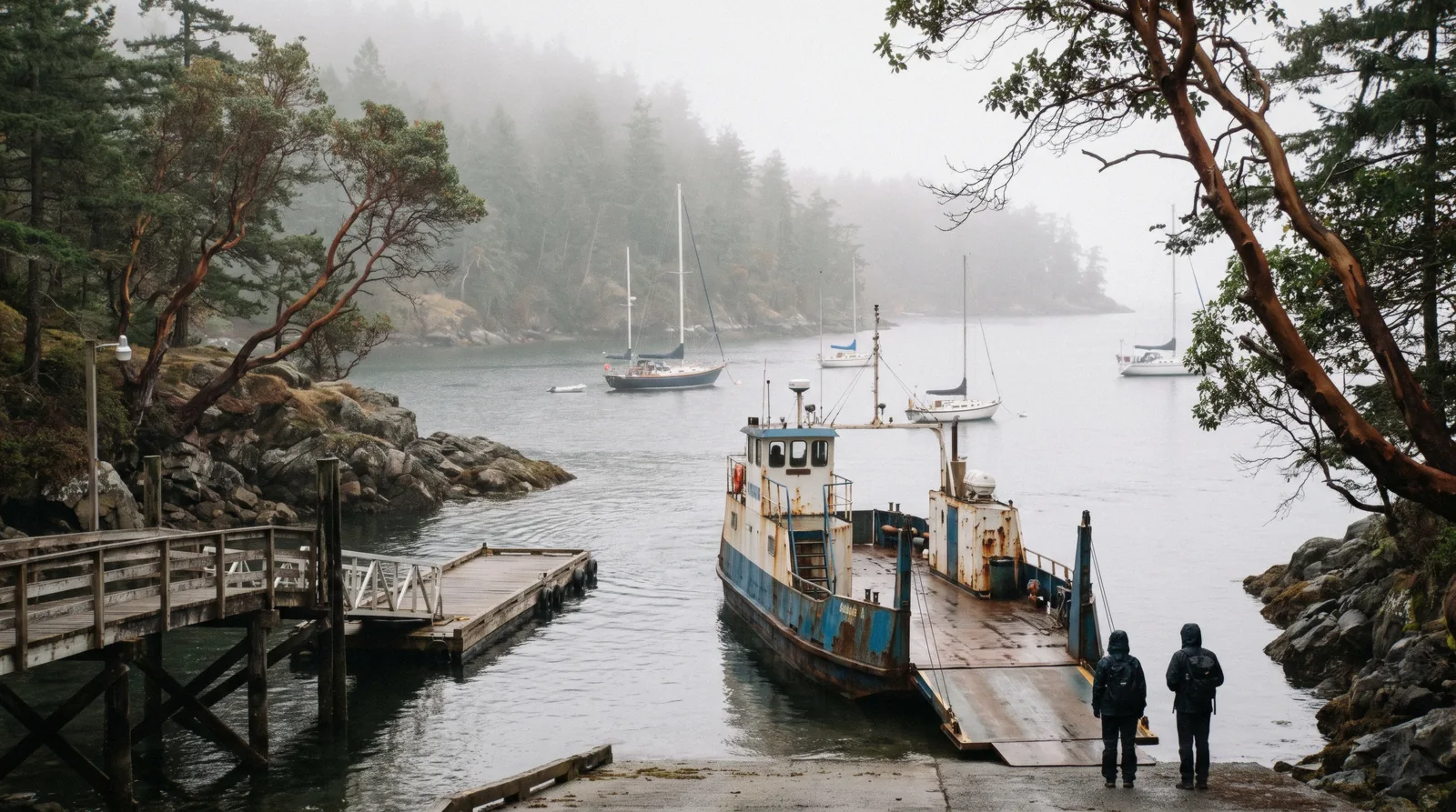 The ferry arriving at Snug Cove with forested slopes behind, Bowen Island in Howe Sound near Vancouver
