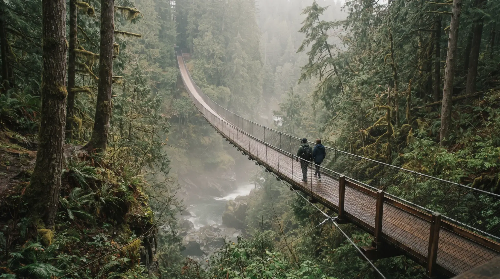 Visitors crossing the Capilano Suspension Bridge above the canyon rainforest in North Vancouver on a bright September morning