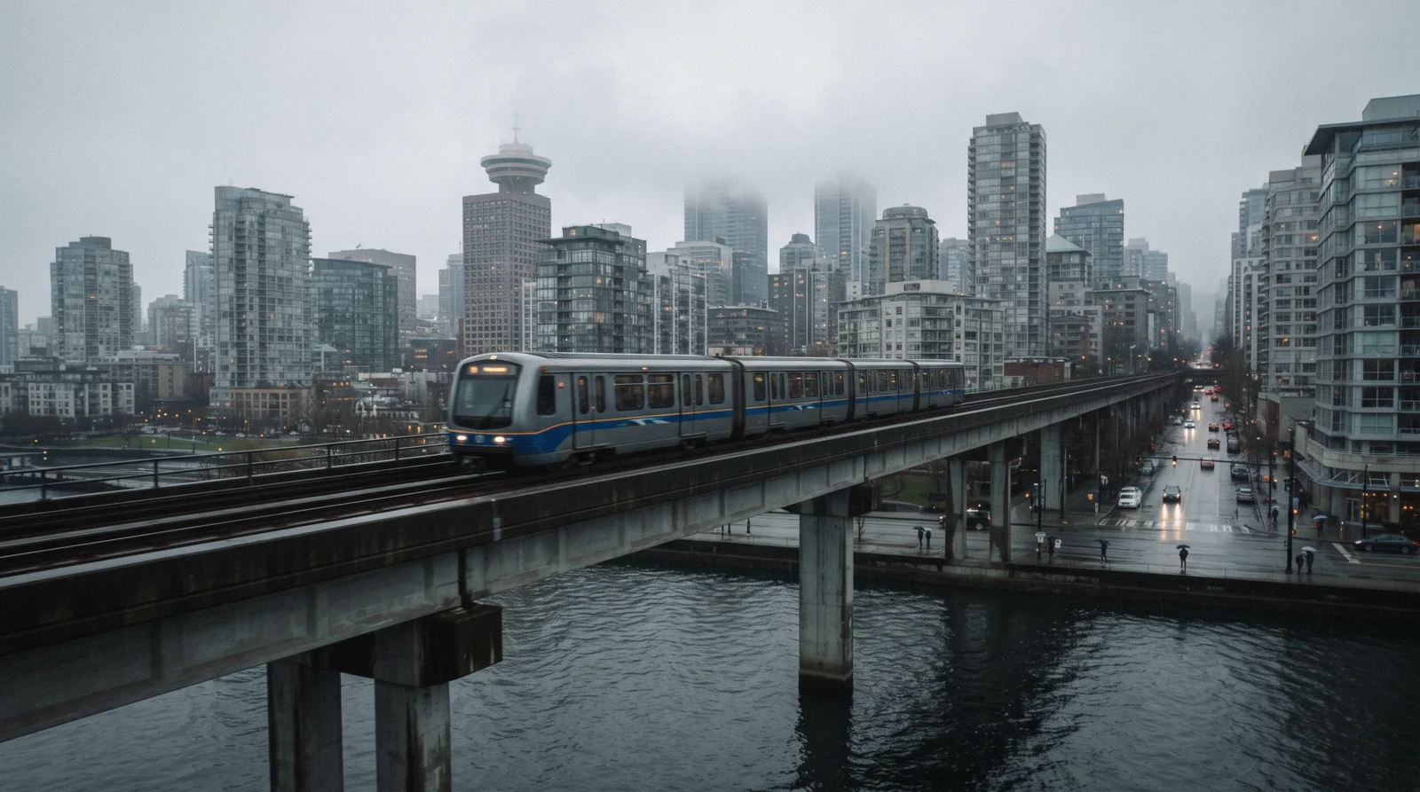 A driverless SkyTrain crossing the water into downtown on a wet morning, Vancouver transit for visitors
