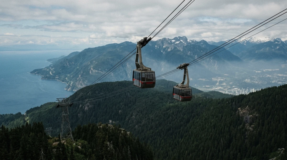 Two aerial tram cabins on separate cables above conifer forest in British Columbia, the choice between Grouse Mountain and the Sea to Sky Gondola near Vancouver