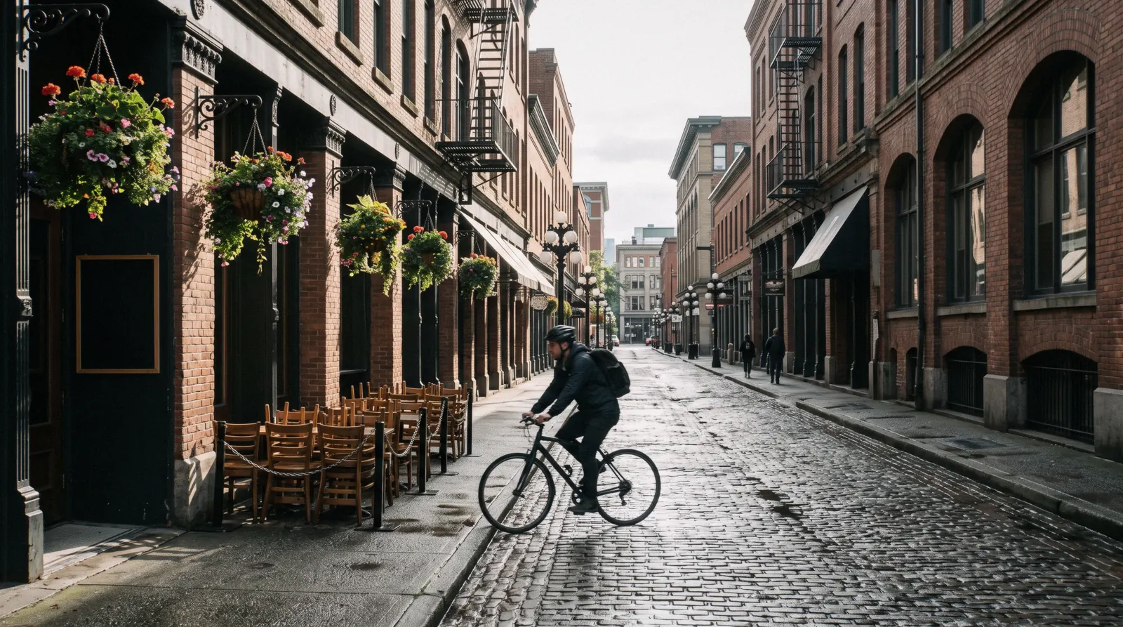 Brick warehouse facades and cast-iron lamps on a cobbled street running down to the water, one of the Vancouver neighbourhoods on the downtown peninsula in British Columbia