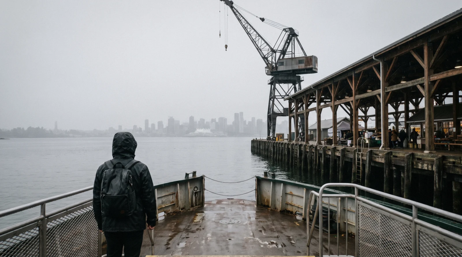 SeaBus crossing Burrard Inlet towards Lonsdale Quay under a shipyard crane, North Vancouver, Vancouver Canada