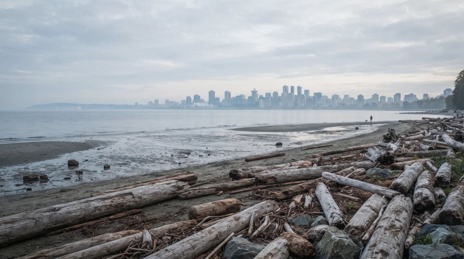 Driftwood logs on an empty sand beach at low tide with the downtown skyline small across the water, on a Vancouver parks and beaches morning in British Columbia