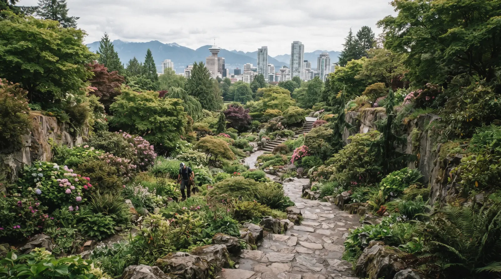The main quarry garden seen from the rim path at Queen Elizabeth Park Vancouver, with the downtown towers and the North Shore mountains behind