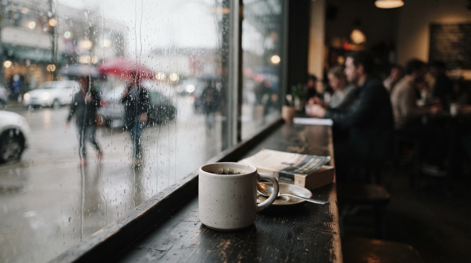 Wet pavement and lit shopfronts on a downtown street, the ordinary version of a Vancouver rainy day