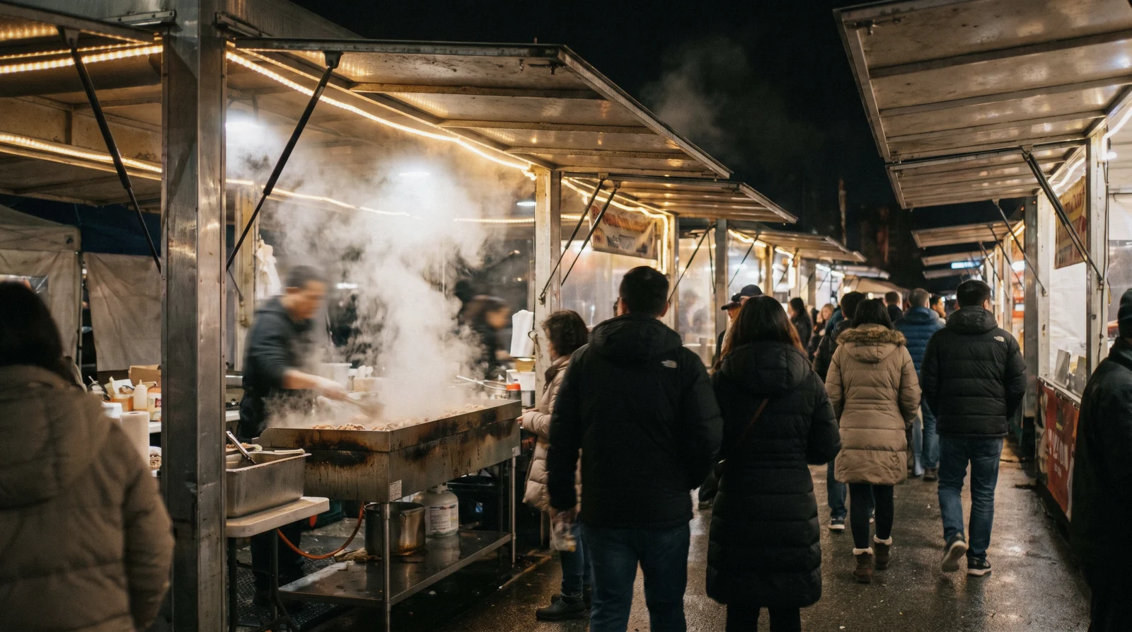 Food stalls under strings of lights on a wet asphalt lot at dusk, crowds queueing at the Richmond Night Market near Bridgeport Station in Richmond, British Columbia