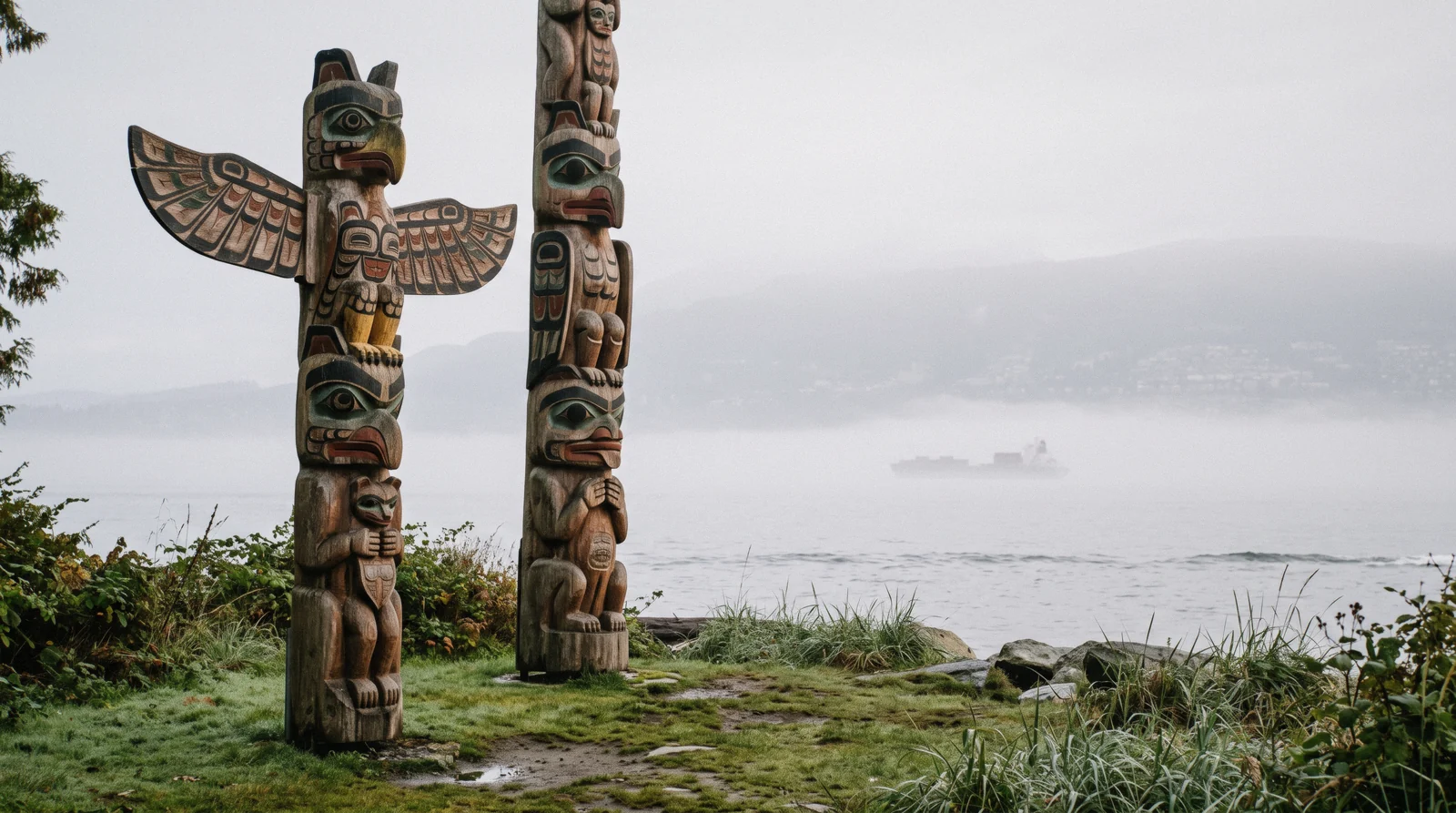 Two carved cedar totem poles at Brockton Point above Burrard Inlet in Stanley Park, Vancouver Canada