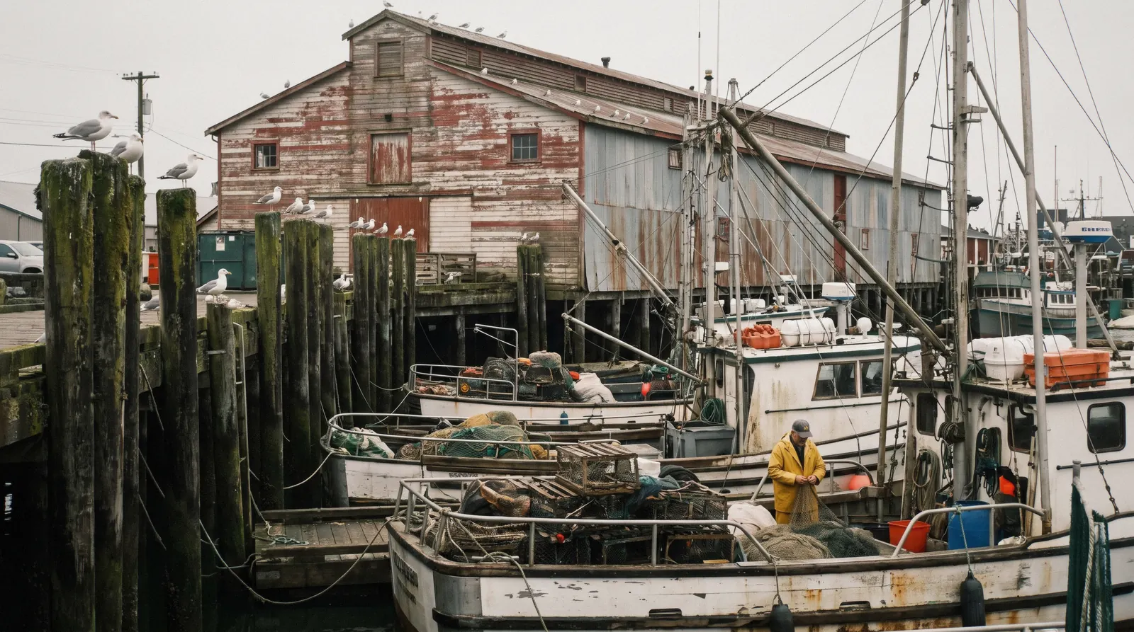 Fishing boats tied three deep along a wooden wharf under a grey morning sky at Steveston Village, Richmond, British Columbia, with the Fraser River behind