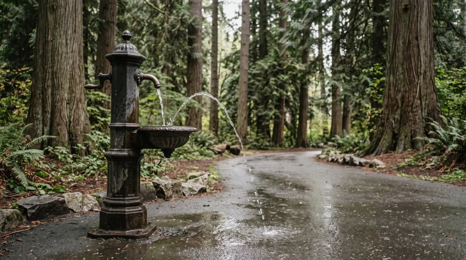 A public drinking fountain with a bottle filler on a paved waterfront path in the city, Vancouver tap water on the seawall