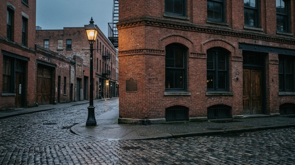 Brick and cast-iron warehouse corner in Vancouver's Gastown at first light with wet cobbles and a wall plaque, the district rebuilt after the Great Vancouver Fire of 1886