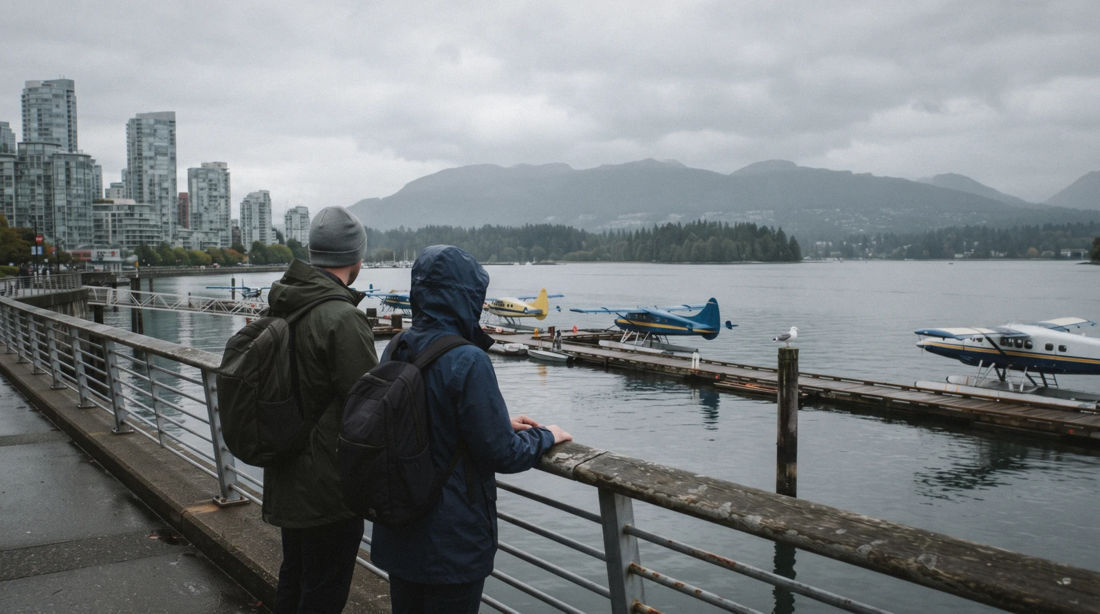 The seawall path curving past Coal Harbour towards the North Shore mountains on a clear morning, one of the things to do in Vancouver