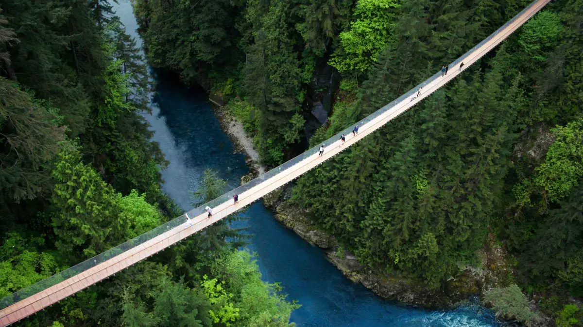 Visitors crossing the Capilano Suspension Bridge high above the canyon rainforest, Capilano Suspension Bridge Park Vancouver