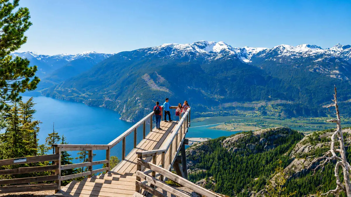 Coach tour group at the Sky Pilot Suspension Bridge above Howe Sound, Sea to Sky Gondola and Whistler day trip from Vancouver