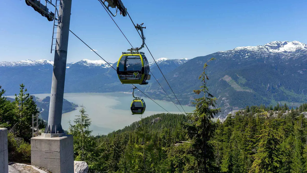 Mini-coach group crossing the Sky Pilot Suspension Bridge above Howe Sound, Sea to Sky Highway gondola and Whistler day trip from Vancouver