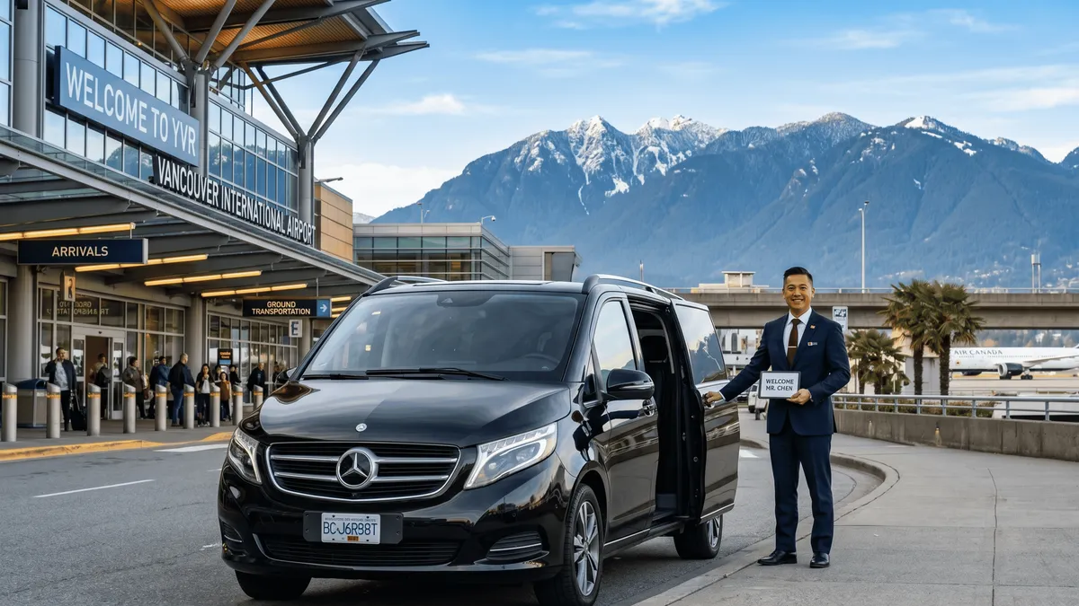 Private transfer driver loading luggage at Vancouver International Airport arrivals, YVR airport private transfer to Vancouver hotels