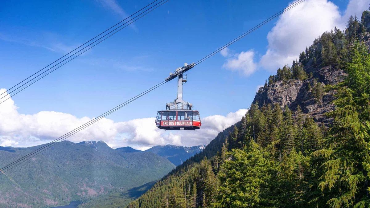 Skyride gondola cabin rising over the forest to the summit of Grouse Mountain, Grouse Mountain Skyride admission ticket Vancouver