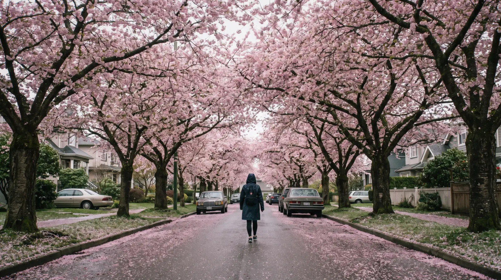 A residential street roofed over by pink Kanzan blossom in April, the peak of the Vancouver cherry blossoms