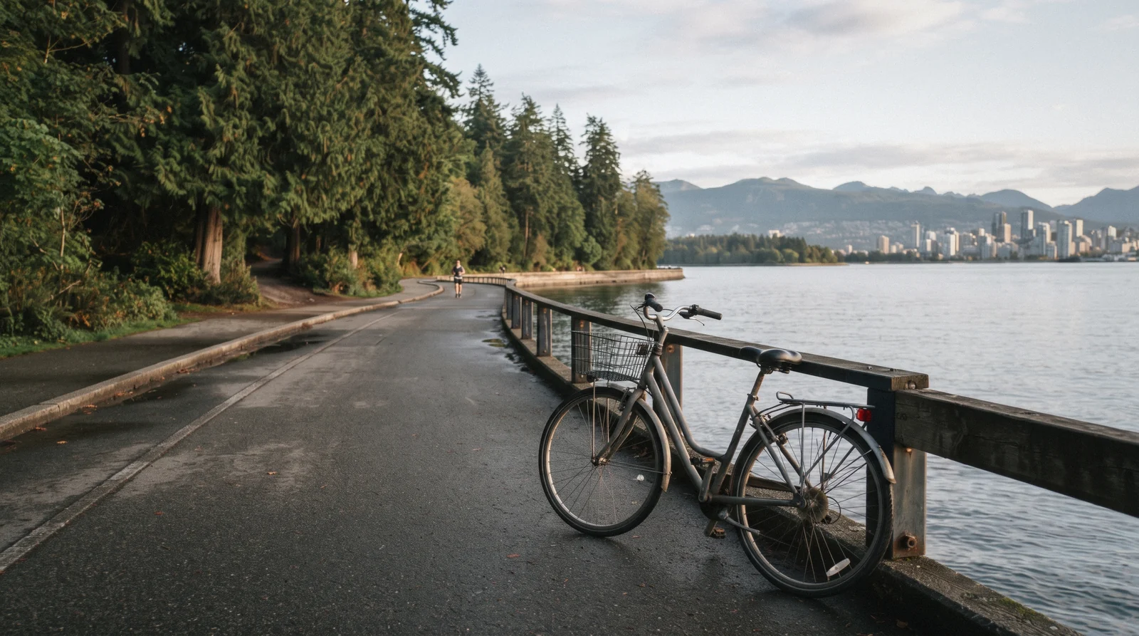 The Stanley Park seawall curving past the downtown skyline in early light, the central leg of a Vancouver in 1 day itinerary