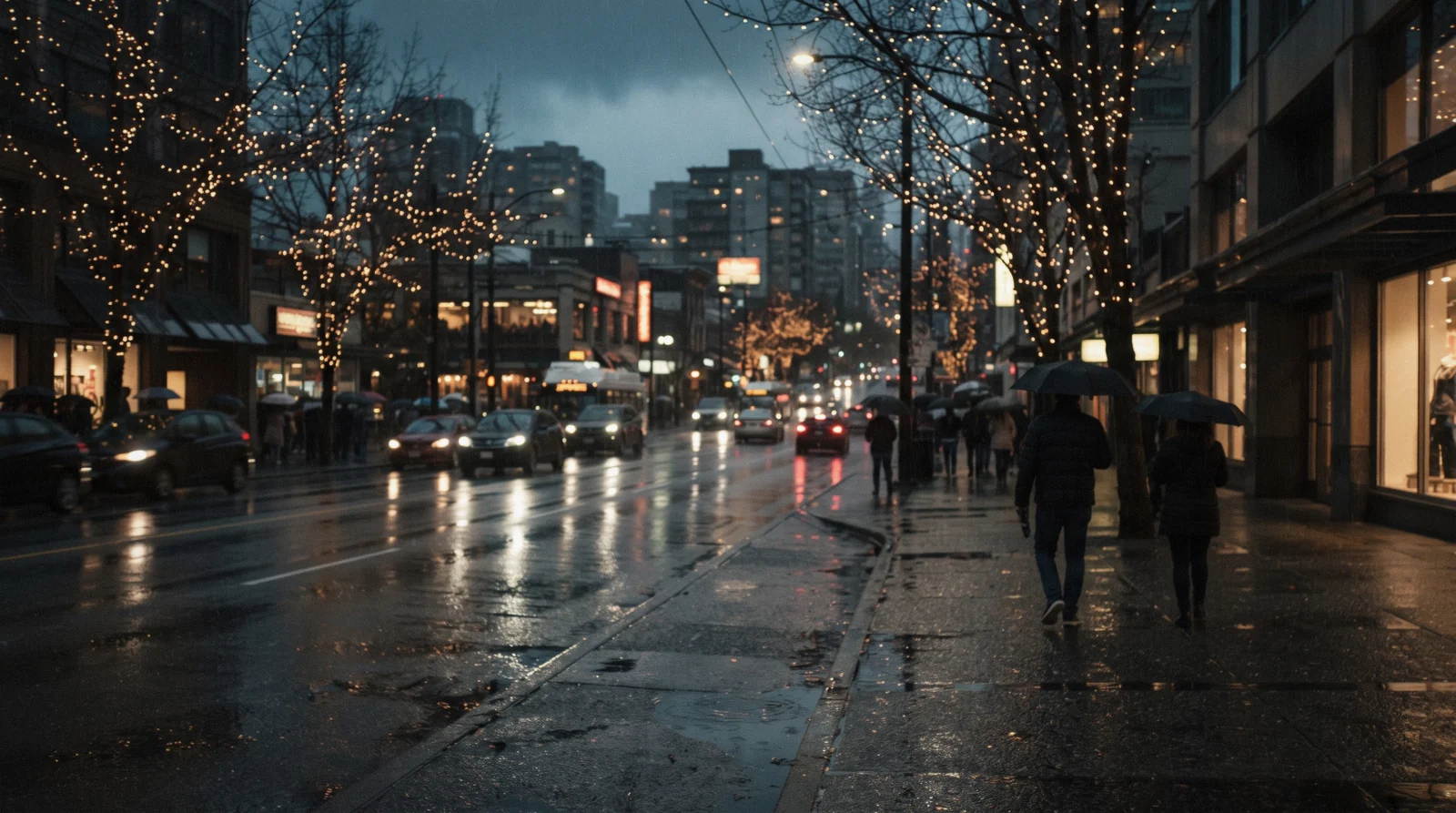 Snow on the North Shore mountains above a green, rain-washed city waterfront, the shape of Vancouver in winter