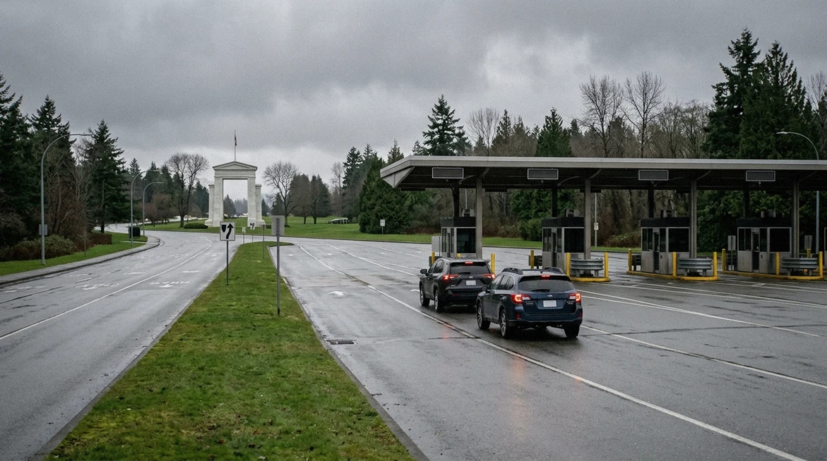 A quiet land border crossing between British Columbia and Washington on a grey weekday, the crossing that separates a Vancouver or Seattle trip