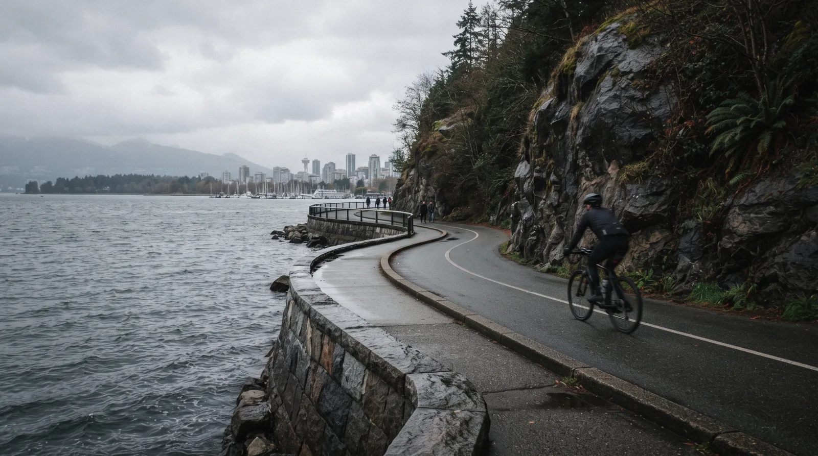 The separated walking and cycling lanes of the Vancouver seawall curving along the water with the downtown towers behind