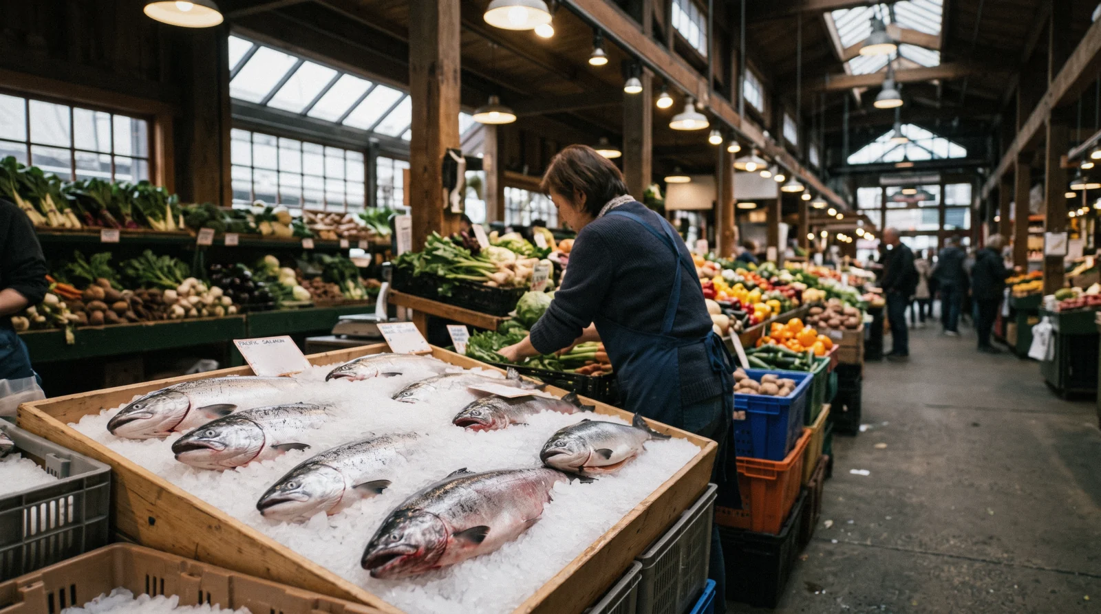 Seafood and produce counters under the market roof on a wet morning, the starting point for where to eat in Vancouver