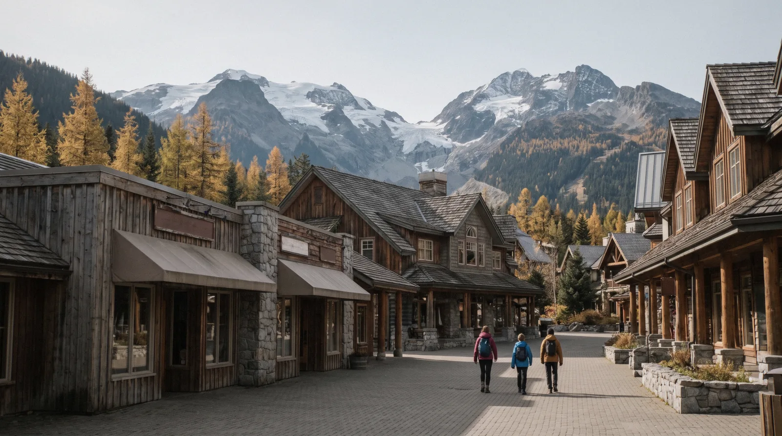 Whistler Village pedestrian stroll below the snow-streaked Coast Mountains on a Whistler day trip from Vancouver