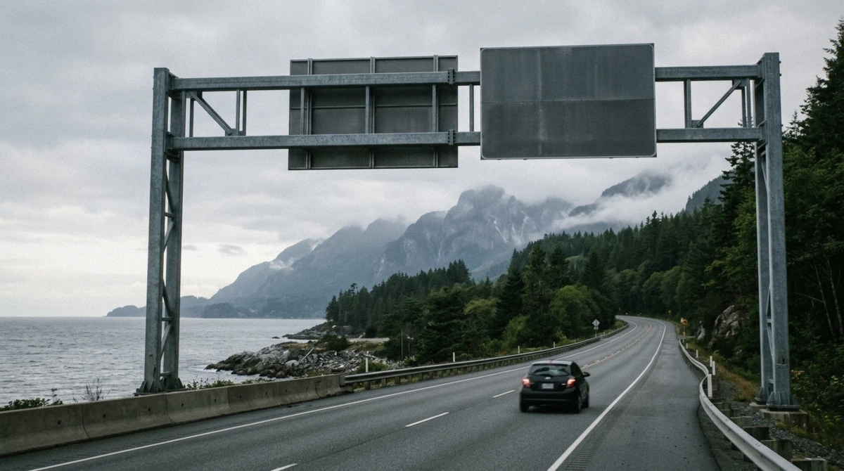 Blank direction gantry on a coastal British Columbia highway at dawn with mountains ahead and the sea to the left, the Whistler or Victoria day trip decision from Vancouver
